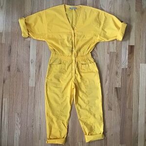 Vintage 80s Bloomingdales 3/4 Sleeve Bright Yellow Cotton Jumpsuit - Ilana Kohn